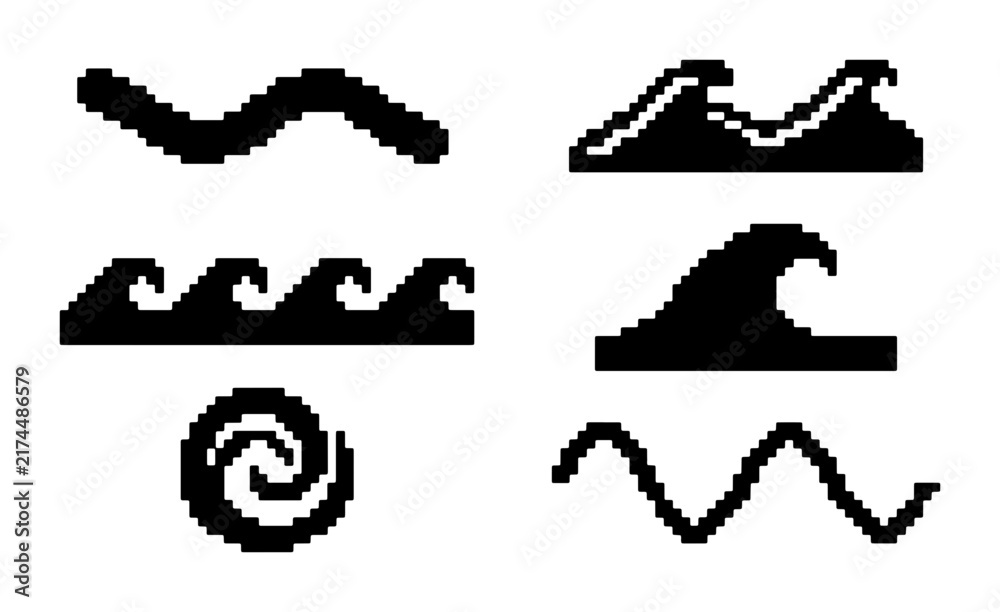Obraz premium Set of 6 Black Wave Icons, Ocean Swirl and Water Line Graphics, Simple Nautical Symbols for Design