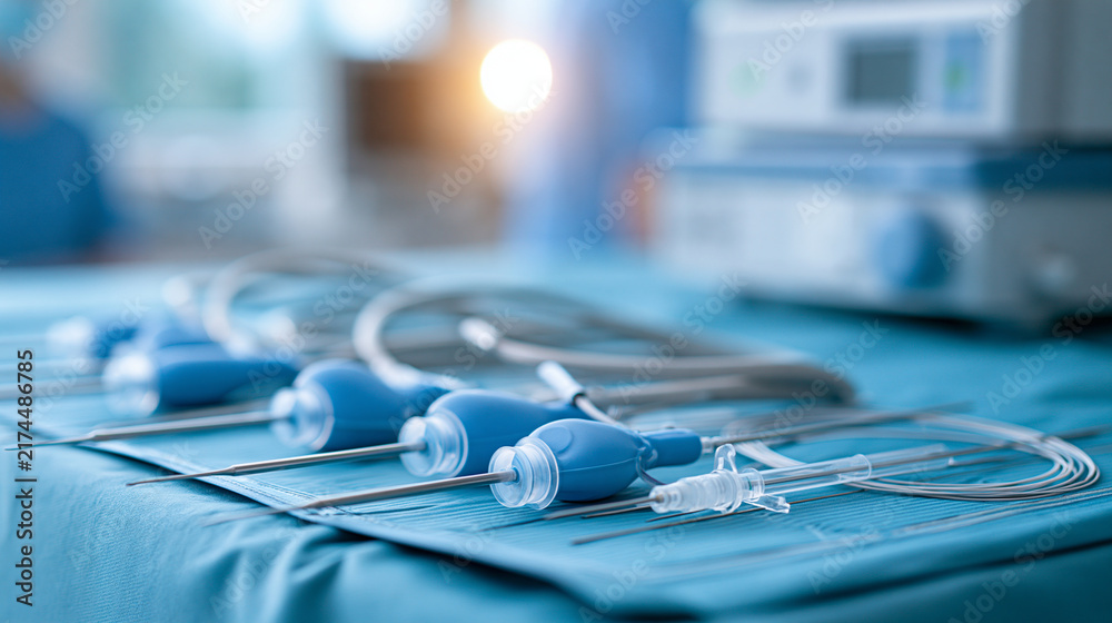 Obraz premium Angioplasty catheters, balloon stents and guidewires arranged on sterile azure surgical drape ready for endovascular cardiac procedure, defocused equipment arrangement, with copy