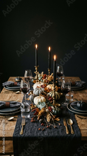 Sophisticated autumn dining table prepared for a Halloween dinner party, dark linen runner, neutral ceramic plates, small pumpkins, black taper candles, dried flowers, antique brass cutlery.