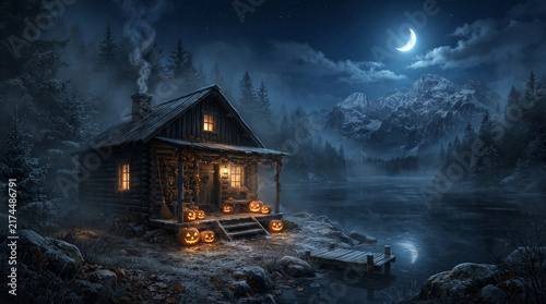 Cozy Wooden House in a Snowy Forest Landscape with Mountain Views, Winter Trees, Dramatic Clouds and Serene Rural Cabin Atmosphere at Sunset