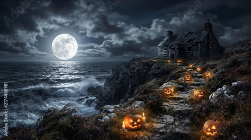 Spooky Halloween Night Seascape with Full Moon, Dramatic Clouds, Dark Ocean Waves, Rocky Coast and Mysterious Horizon Under a Beautiful Night Sky