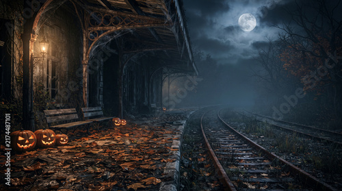 Old Railway Tracks at Night Under a Dramatic Sky, Vintage Railroad Perspective with Steel Rails Leading Toward the Horizon, Transportation and Journey Landscape Background
