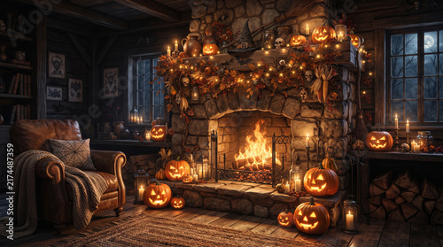 Cozy Christmas Fireplace with Festive Decorations and Gifts in Warm Home Interior with Glowing Flames, Wooden Logs and Winter Holiday Atmosphere