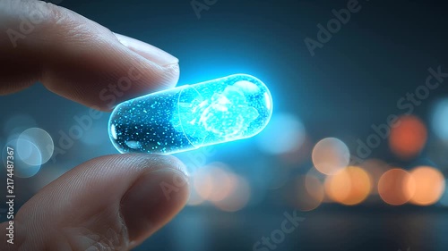 Blue medical capsule held between fingers against a softly blurred background, detailed capsule surface and human skin texture, medication, pharmaceutical, medicine, capsule, drug, healthcare, treatme