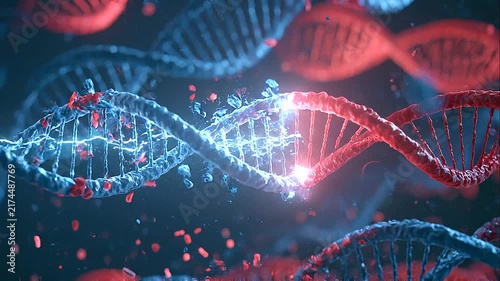 Close-up visualization of intertwined DNA double helix strands with a glowing genetic mutation and molecular fragments, futuristic biotechnology research concept, gene editing, genomic sequencing