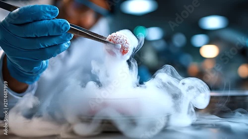 Cryogenic storage tanks filled with biological samples in a modern biotechnology laboratory, researcher checking labeled sample containers, biobank, cryogenic storage, biological sample