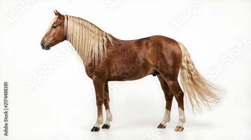 Beautiful brown horse with a long flowing blonde mane and tail standing still and looking to the left side view