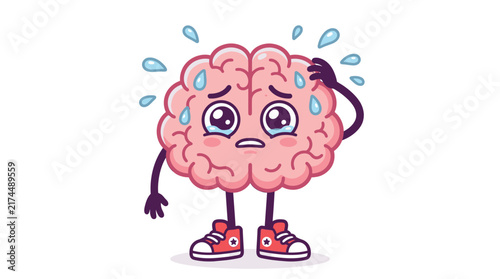 Stressed pink brain character with wide expressive eyes sweating under heavy mental workload and pressure