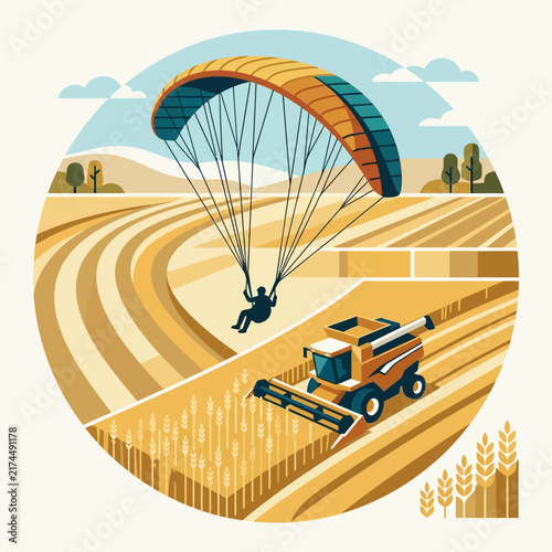 Rural Adventure Paragliding Over Golden Wheat Fields And Harvesting Machine