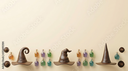 Halloween background with 3D witch hats and colorful magic potion bottles on beige