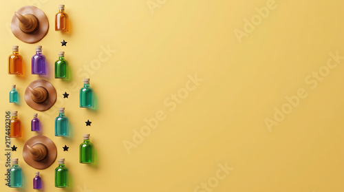 Halloween 3D witch hats and colorful potion bottles on yellow background with copy space