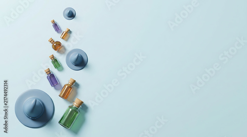 3D Halloween witch hats and colorful magic potion bottles on a light blue background