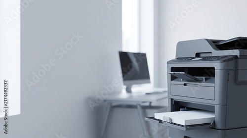 Modern office environment with a multi-function printer and a computer workstation.