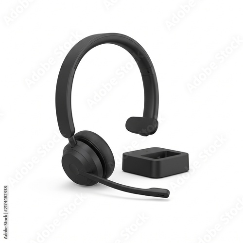 Black wireless headset with microphone boom and charging dock on a white background.