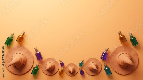 Halloween background with 3D witch hats and colorful magic potion bottles on orange surface