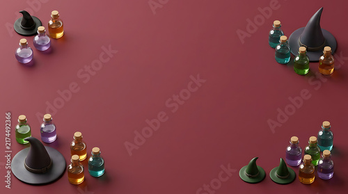 Halloween background with 3D witch hats and colorful magic potion bottles on dark red