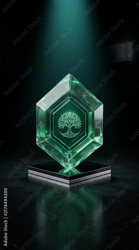 Obraz premium Minimalist Verified Carbon Credit Crystal Containing Tree Symbol