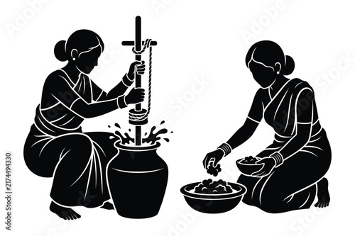 Obraz na plátně Traditional indian women churning butter and preparing food ingredients