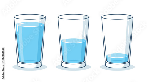 Three transparent glasses containing different levels of blue water illustrated in a simple flat style