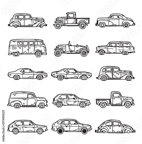 Vintage automobiles collection in linework style on a white background representing nostalgic transport concepts