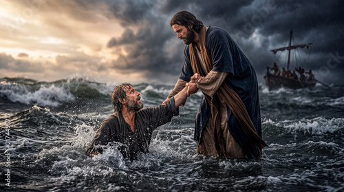 Jesus reaches out to Peter in the stormy sea.	