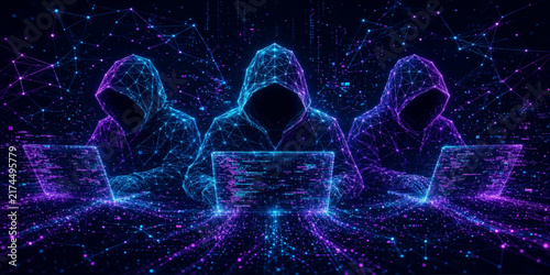 Anonymous hackers in hoodies working on laptops surrounded by digital data network and cyber security concept with hooded figures data breach cybercrime anonymous computers technology security