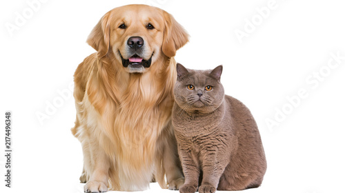 Konstfotografi Isolated Golden Retriever dog and British Shorthair cat together looking at came
