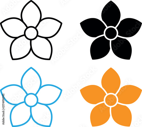Variety of simple five petal flower icons in line and solid styles vector illustration for art.