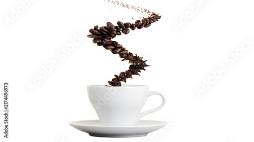 Cuadro en lienzo Isolated swirling coffee beans turning into ground coffee powder pouring into a