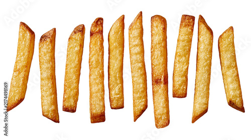 Fotografie Isolated delicious crispy golden french fries standing upright, savory snack food