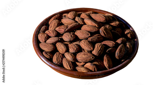 Cuadro en lienzo Isolated bowl of fresh whole organic almonds, healthy snack food ingredient for cooking