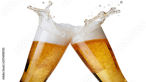 Картината върху платно Isolated festive beer toast with golden lager splashing from two clinking glasse