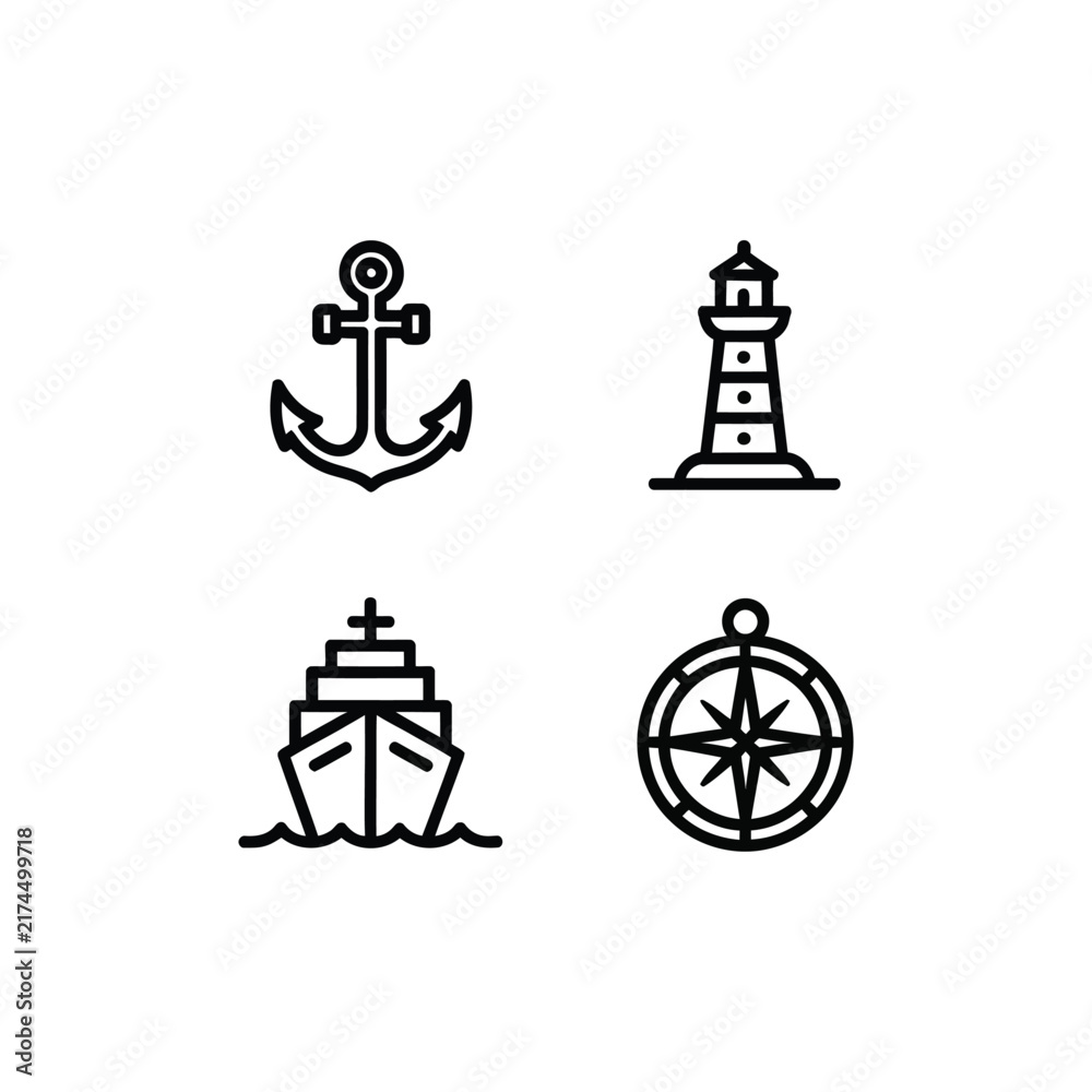 Fototapeta premium Set of nautical icons featuring anchor, lighthouse, ship and compass for marine design.
