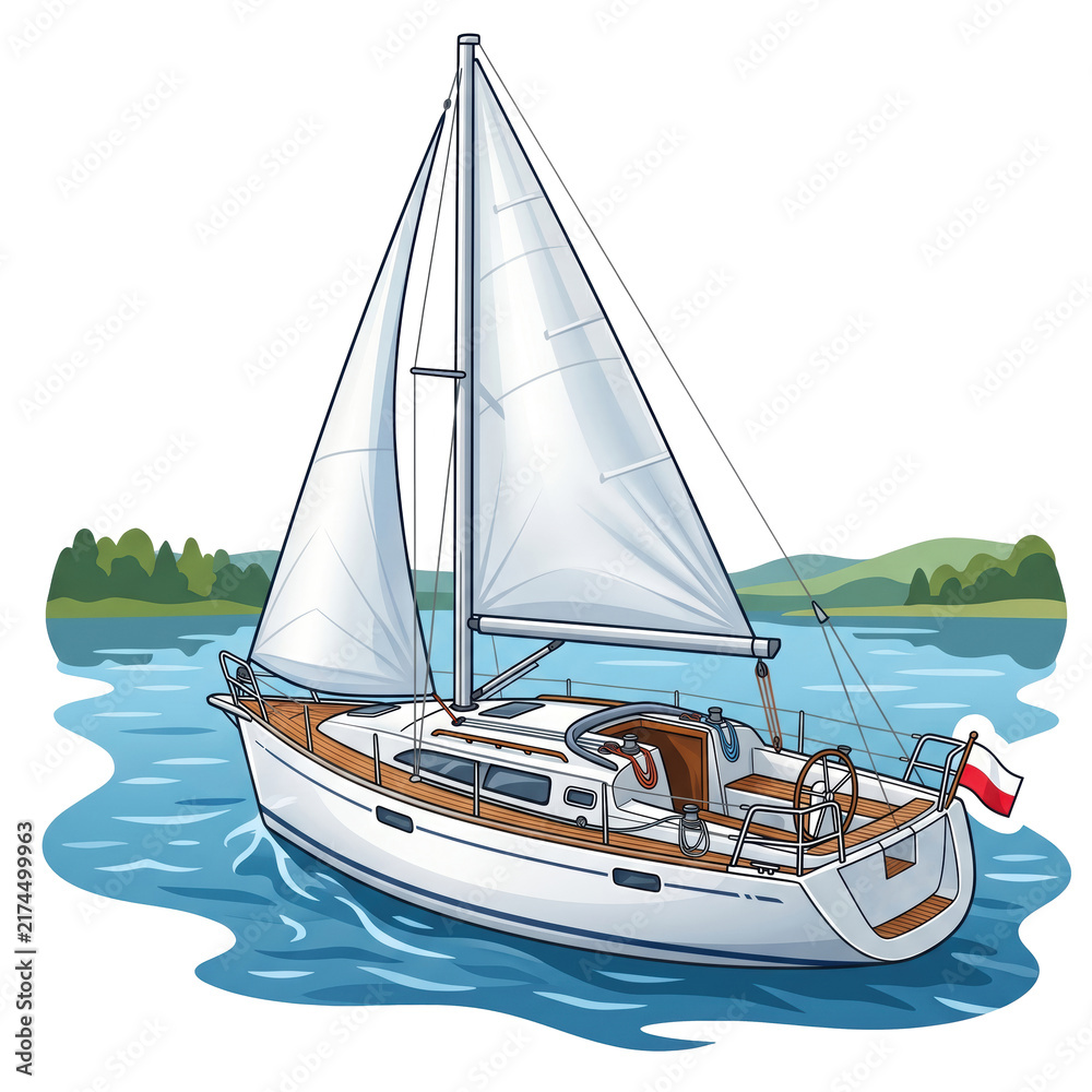 Fototapeta premium A white sailboat navigating calm blue waters with green hills in the background and a Polish flag