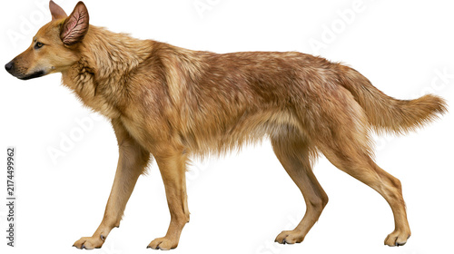 фотографія Isolated domestic dog standing in profile, attentive light brown animal looking to the left