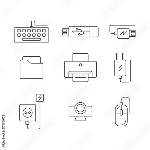 Computer peripherals thin line icons collection for technology hardware setup
