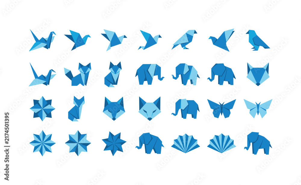Naklejka premium Collection of blue origami animal icons in geometric style