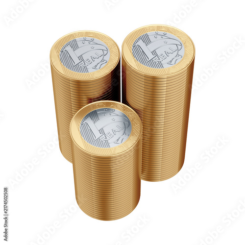 Brazilian One Real Coin Stacks 3D Render with Isolated Background