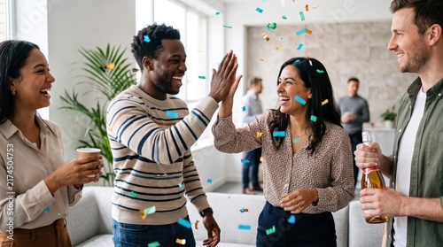 Diverse colleagues exchanging a high five during a cheerful office celebration with confetti