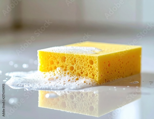 Yellow cleaning sponge soaking in soap suds