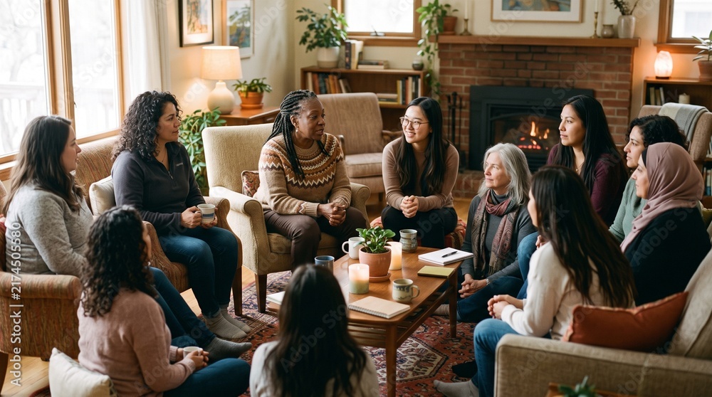 Obraz premium Diverse group of women gathered for a discussion in a cozy living room setting