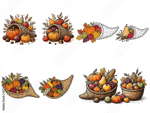 Hand-drawn cornucopias filled with autumn fruits and vegetables  