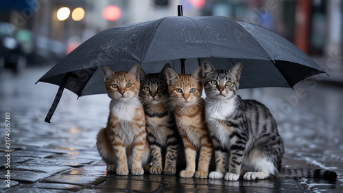 Adorable kittens huddling under black umbrella, stray cats on rainy city street, group of four cats seeking shelter on wet pavement