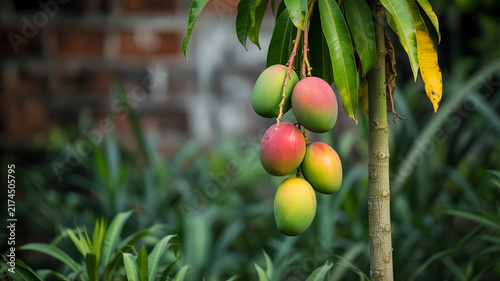 Fresh organic mangoes hanging on tree branch, tropical mango fruit in garden, ripe colorful mangoes in orchard setting