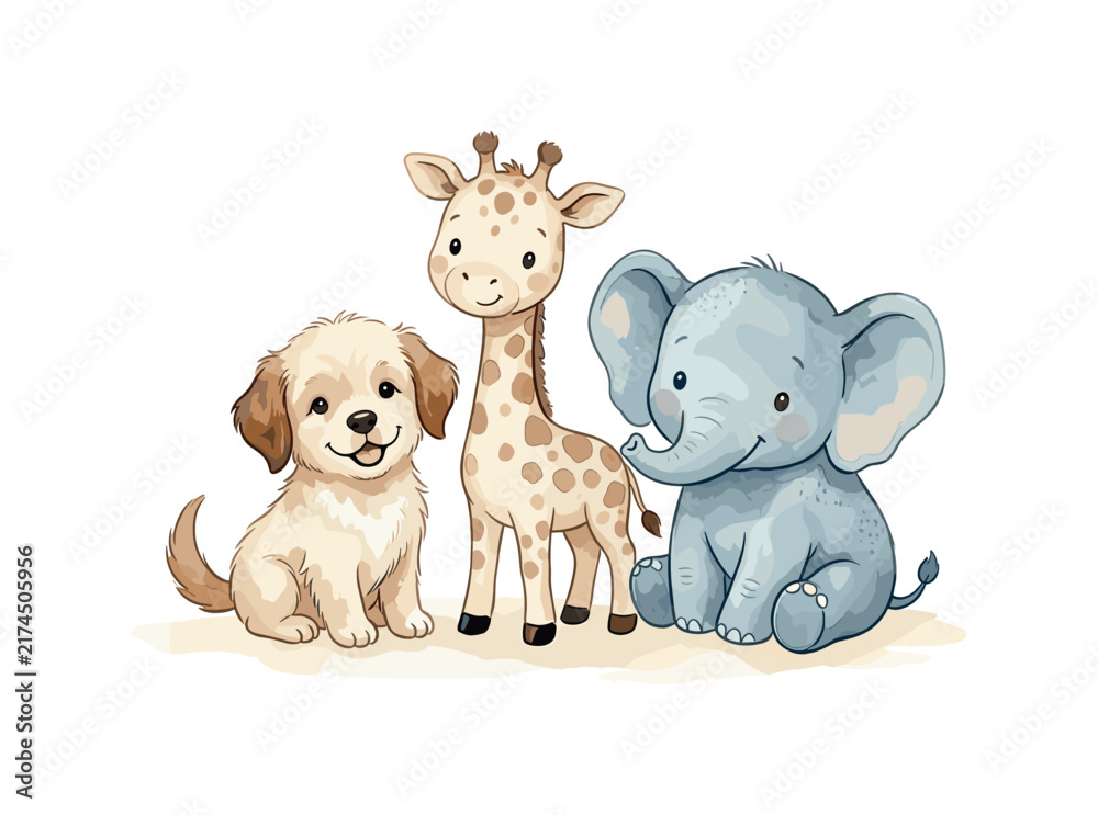 Obraz premium Adorable watercolor baby animals, a puppy, giraffe, and elephant friends together