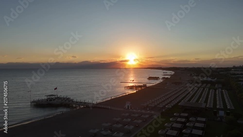 Aerial view of Turkish riviera, Belek, Antalya luxury hotels and holiday resorts by the coast of Mediterranean Sea, Türkiye
