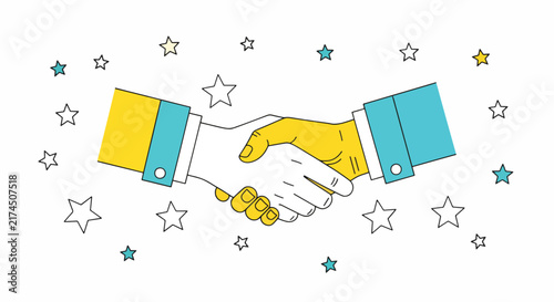 Business handshake vector illustration featuring two hands shaking surrounded by stars representing partnership success and agreement.