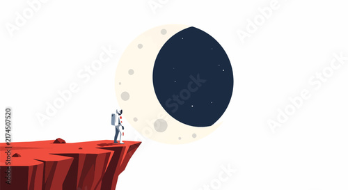 Minimalist vector illustration of an astronaut standing on a red cliff on Mars looking at a giant moon in deep space on a white background.