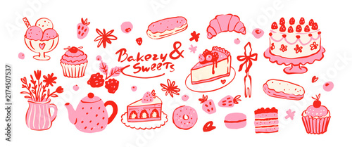 whimsical bakery  and desserts hand drawn elements collection for bakery and cafe branding, packaging, stickers, naive food illustration, vector 