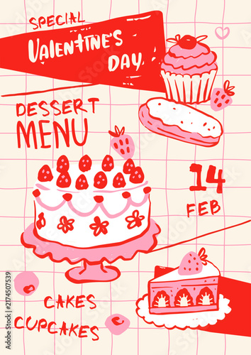 whimsical sweets and cakes hand drawn dessert menu Valentine's Day celebration for bakery and cafe branding, vertical poster, banner, advertisement, special price, naive food illustration, vector 
